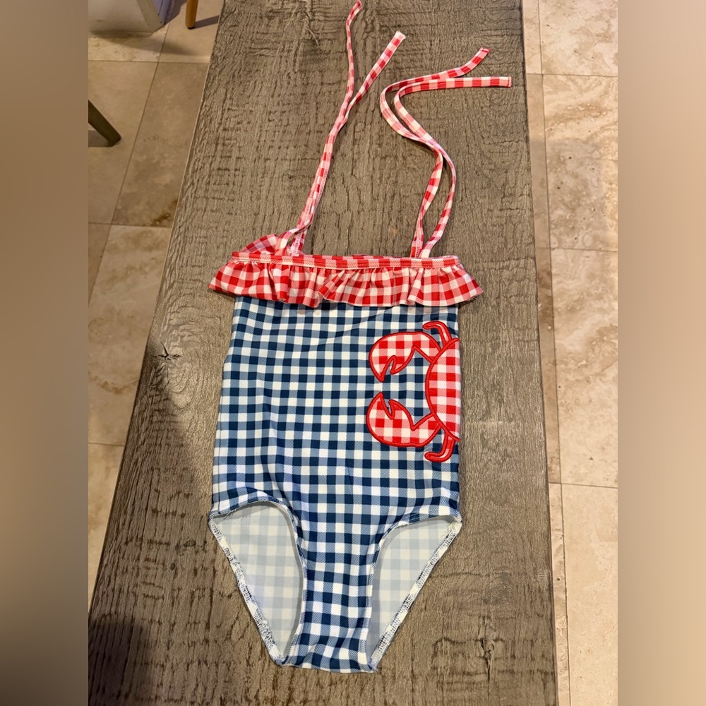 Girls Blue Gingham One-Piece Swimsuit with Red Ruffle and Crab Appliqué